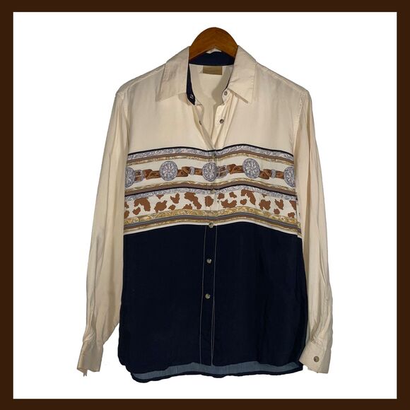 Vintage Wrangler Scarf Print Western Shirt Cream Navy Chain Medallion 80s 90s - Picture 1 of 11